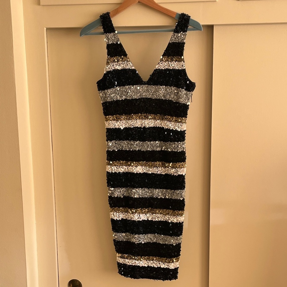 Aje. Striped Sequin Dress - Black, Silver, Gold size 8